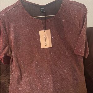 SHEIN Glittering Brown Short Sleeve Top